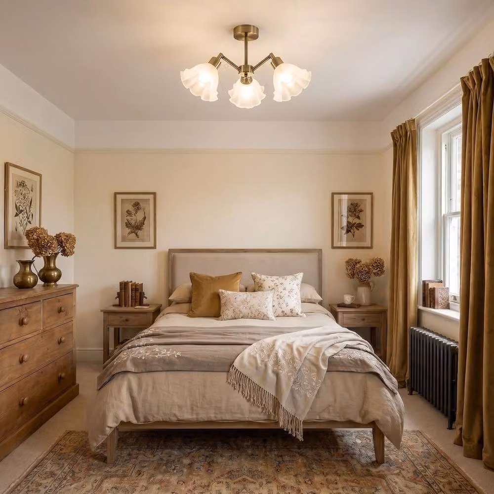 Happy Homewares Traditional Ceiling Light Fitting with Frosted Scallop Glass Shades in Gold and White – 2