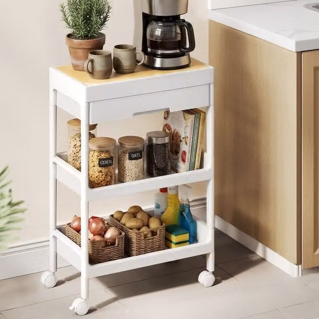 SONGMICS 3-Tier Rolling Kitchen Cart with Tray and Drawer in White
