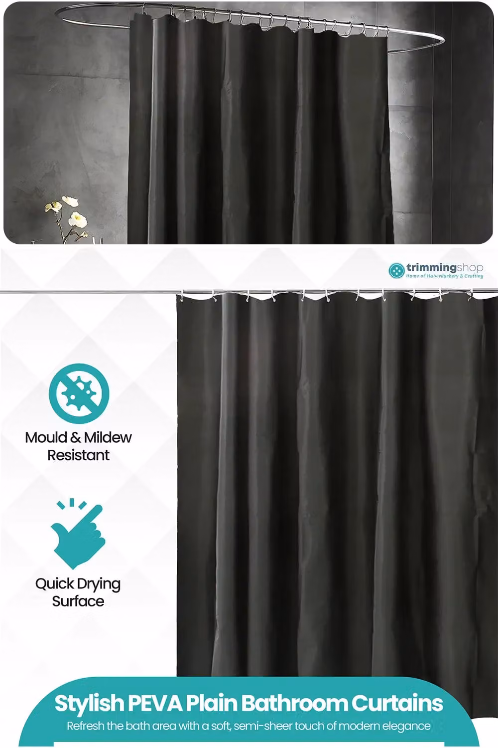 Neel Blue Waterproof PEVA Shower Curtain in Black with 12 Hooks, Mould and Mildew Resistant, W/D/H: 180 x 180 x 180 cm – 1