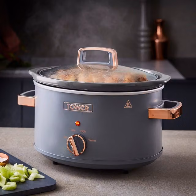 Tower Cavaletto 3.5L Slow Cooker in Grey, Black and Gold with Glass Lid and Keep Warm Function