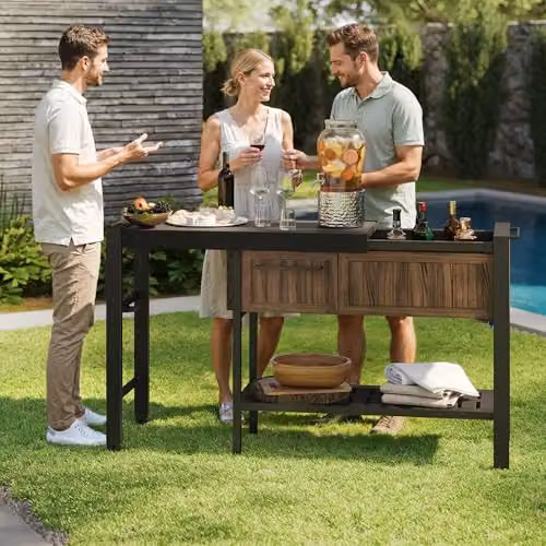 Keter Extendable Party Table in Rosewood, Multifunctional Outdoor and Indoor Serving Station with Slide-Out Shelves, Drinks Cooler, Storage Drawer and Castors – 2