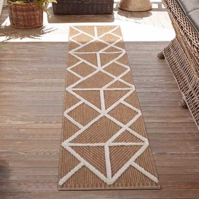 Desire Harper Prism Pattern Machine Woven Indoor Outdoor Area Rug in White and Beige, Width: 220 cm