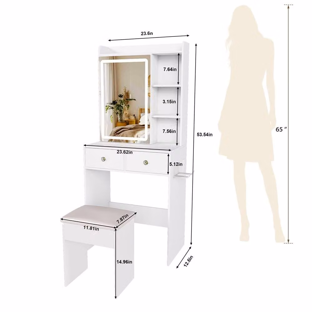 Direct Wicker Small White Makeup Vanity Desk with 3 Adjustable LED Lights and Stool – 2