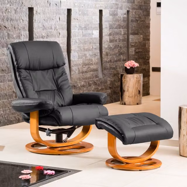 Artemis Home Barriston Swivel Recliner and Footstool in Black Synthetic Leather with Solid Wood Frame – 1
