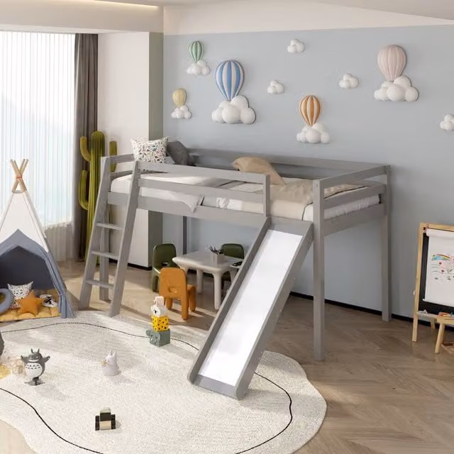 Kosy Koala Grey Mid Sleeper Bed with Slide and 3FT Single Mattress, Solid Pine Wood