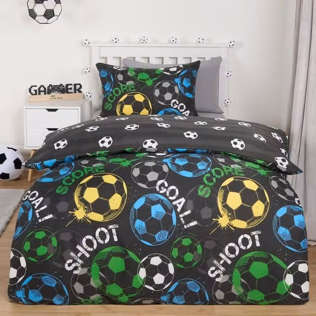 OHS Graphic Football Reversible Childrens Duvet Cover, Black and Multicolour, 140 x 200 cm