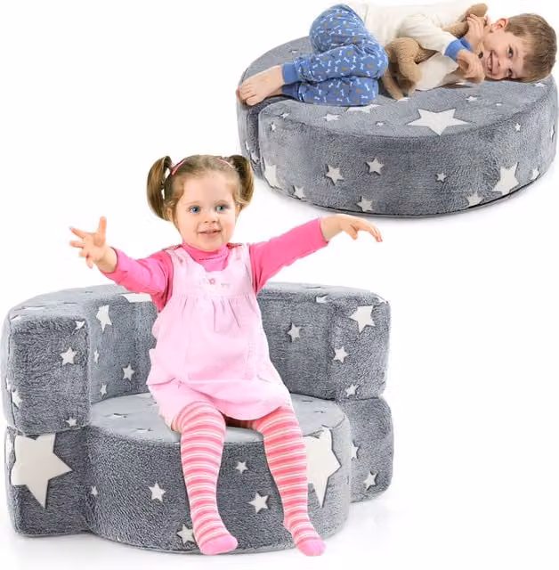 Gymax Convertible Kids Plush Sofa with Flannel Cover in Grey and Green – 1