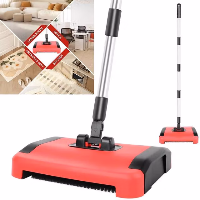 Nordara 180 Degree Rotating Manual Carpet Sweeper Cordless Quick Cleaner in Red – 1