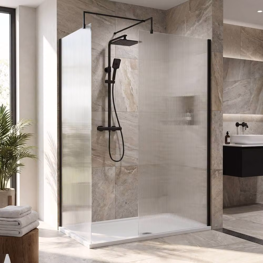 Balterley Fluted Walk-In Wetroom Bundle in Matt Black, W: 140 cm, D: 80 cm – 2