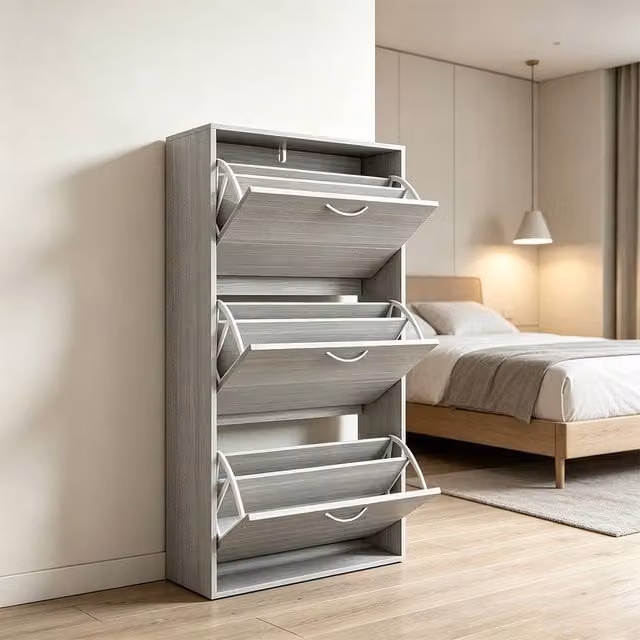 ERGOVEXA Grey Wood-Effect 3 Flip Drawer Shoe Storage Cabinet for Up to 12 Pairs – 1