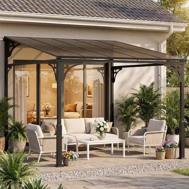 Outsunny Brown Metal Lean-to Pergola with Polycarbonate Roof, W: 300 cm, D: 287 cm