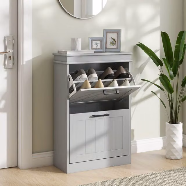 HOMCOM Slim Grey Shoe Storage Cabinet with 2 Tilting Compartments and Internal Shelves for Hallways – 1