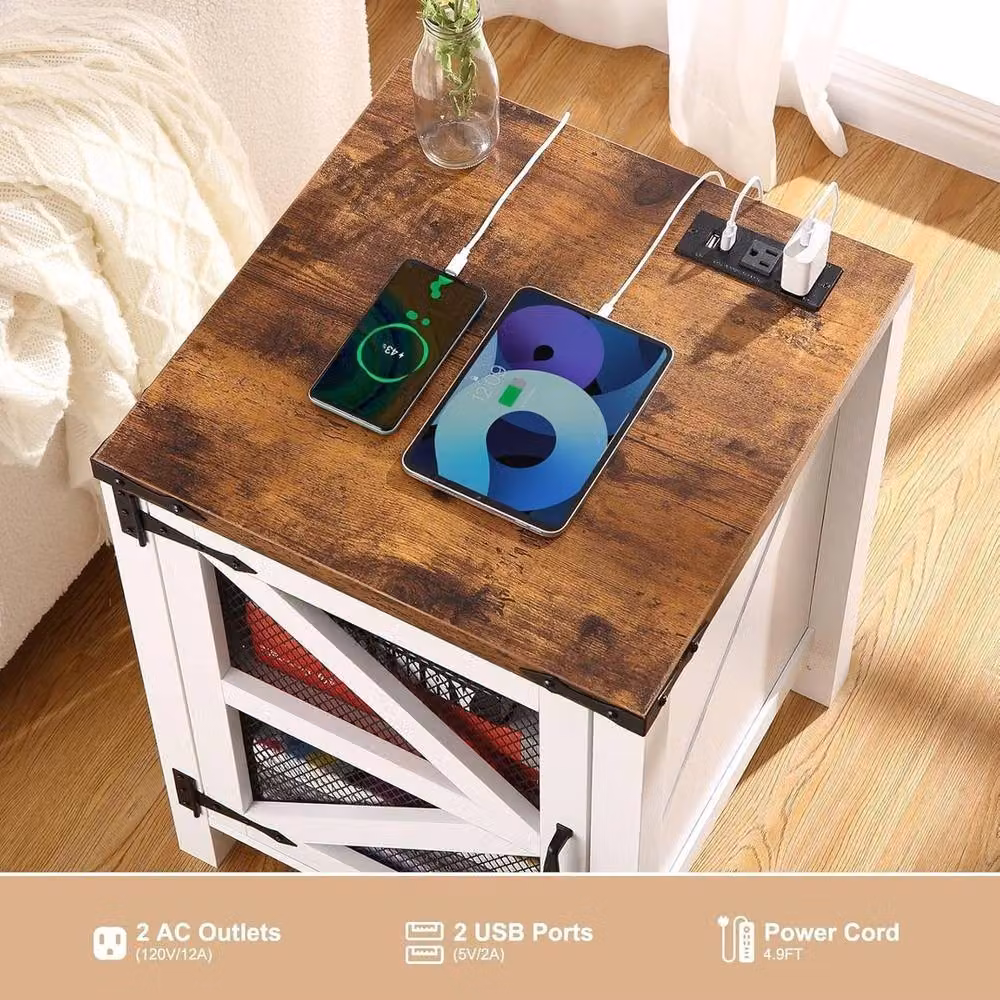 VOGREX White Farmhouse Nightstand with Charging Station and Media Compartments – 4