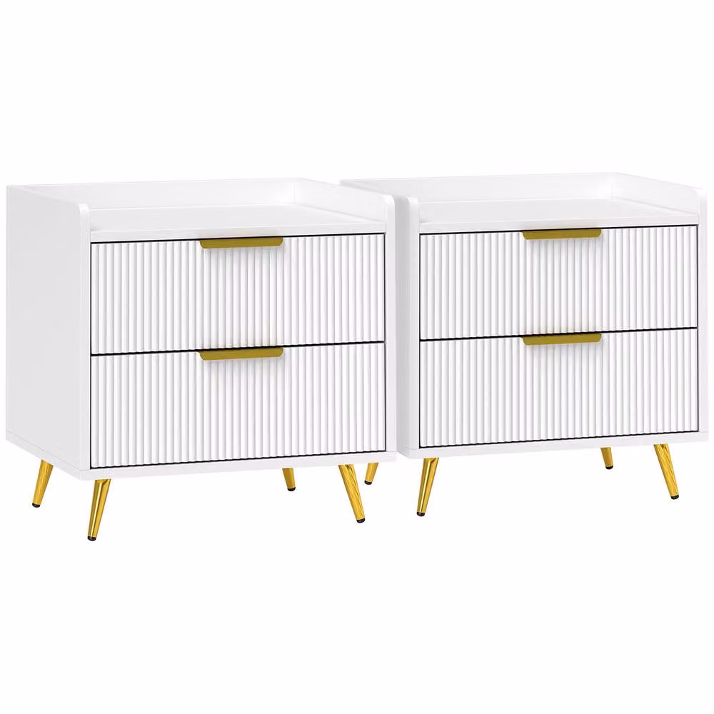 HOMCOM Set of 2 Modern White Bedside Tables with Gold Metal Legs for Bedroom and Living Room – 2