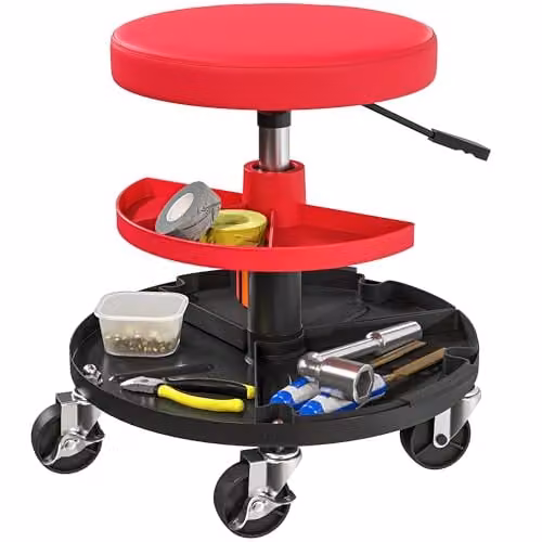 HOMCOM Rolling Mechanic Stool in Red with Castors and Synthetic Leather Seat