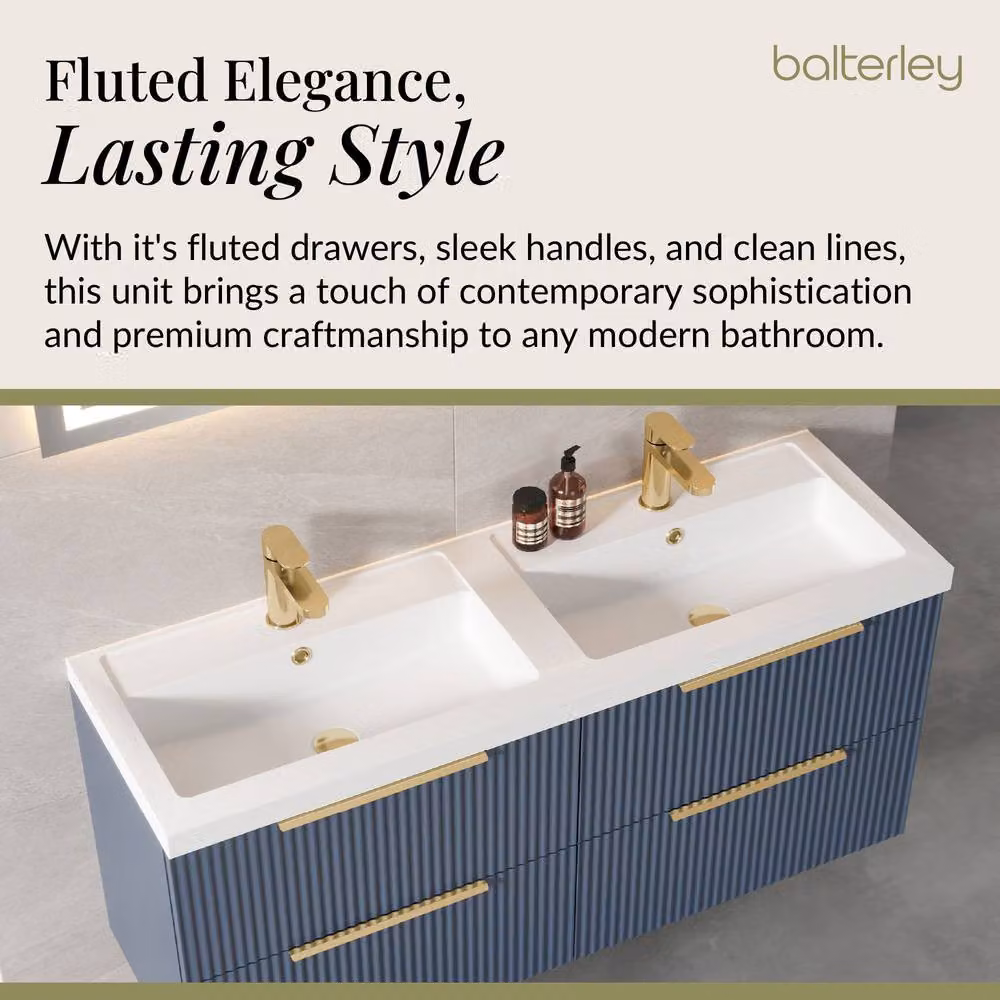 Balterley Fluted Front Wall Hung 4 Drawer Vanity Basin Unit, Satin Blue, W: 120 cm – 3