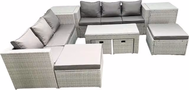 Fimous 10 Seater Outdoor Rattan Garden Furniture Set in Light Grey with Grey Cushions, Coffee Table and 2 Side Tables