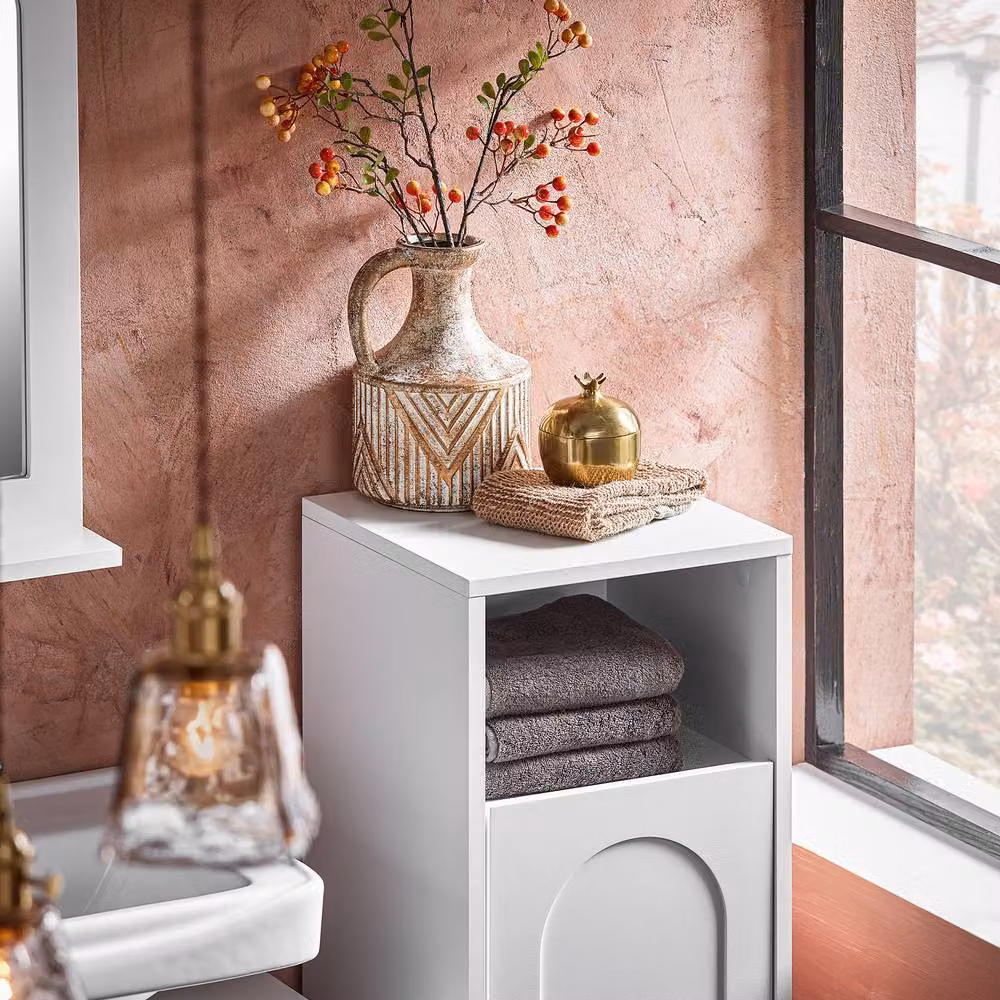 SoBuy Slim White Bathroom Cabinet with Hinged Doors and Pull-Out Laundry Bag – 4