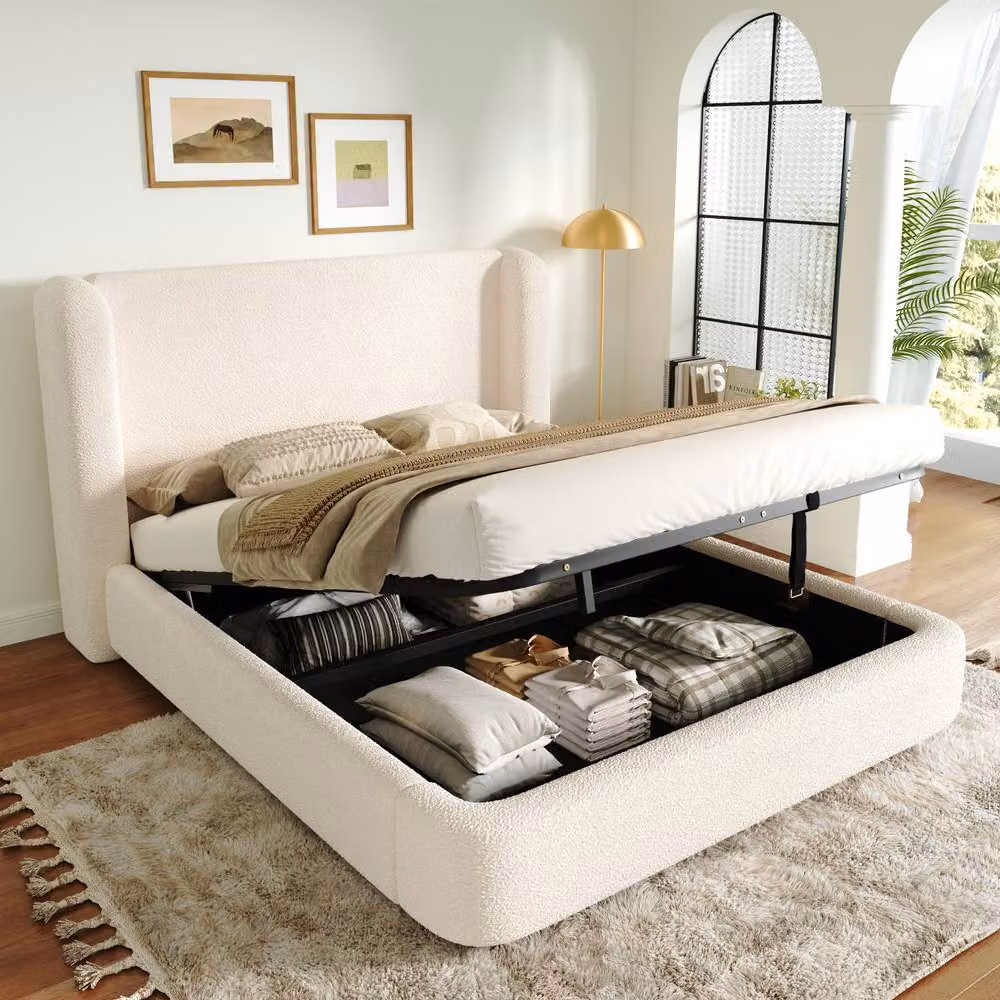 Merax Super King Size Ottoman Bed with Wingback Headboard in White and Beige Bouclé Fabric, W/D/H: 180 x 200 x 212 cm – 2