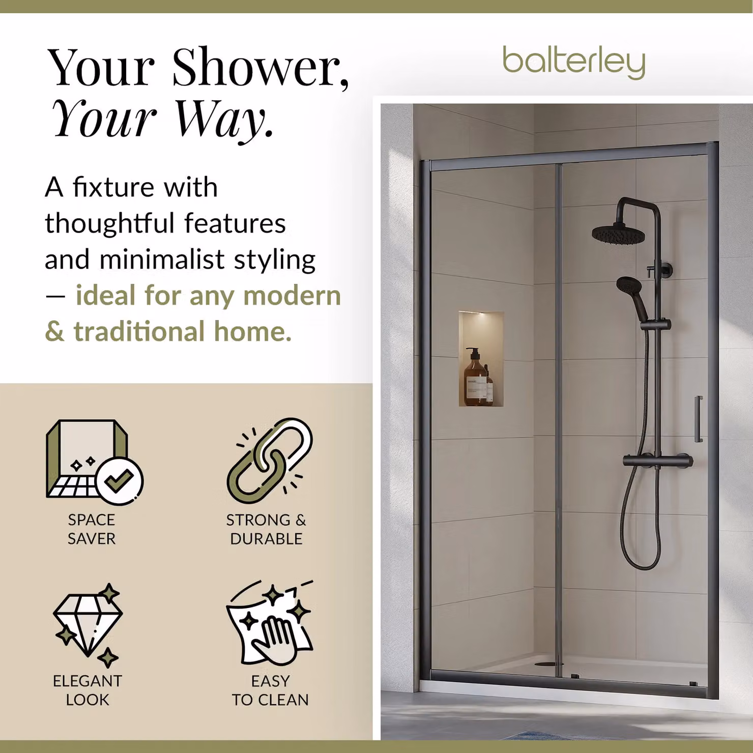 Balterley 6mm Toughened Safety Glass Sliding Shower Door, Black, W: 120 cm, H: 190 cm – 2