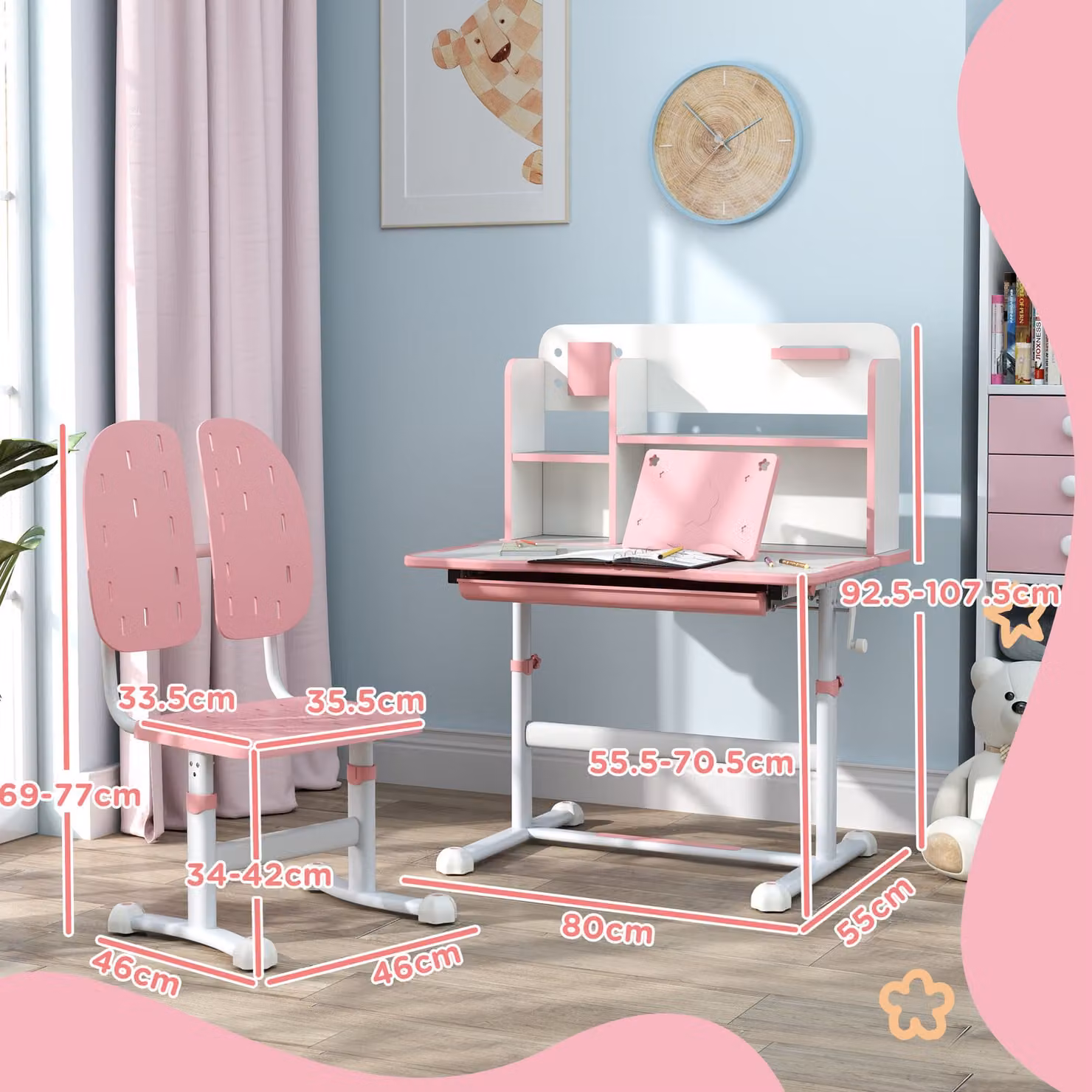 AIYAPLAY Height Adjustable Kids Desk and Chair Set with Tiltable Desktop and Reading Rack, Pink – 2