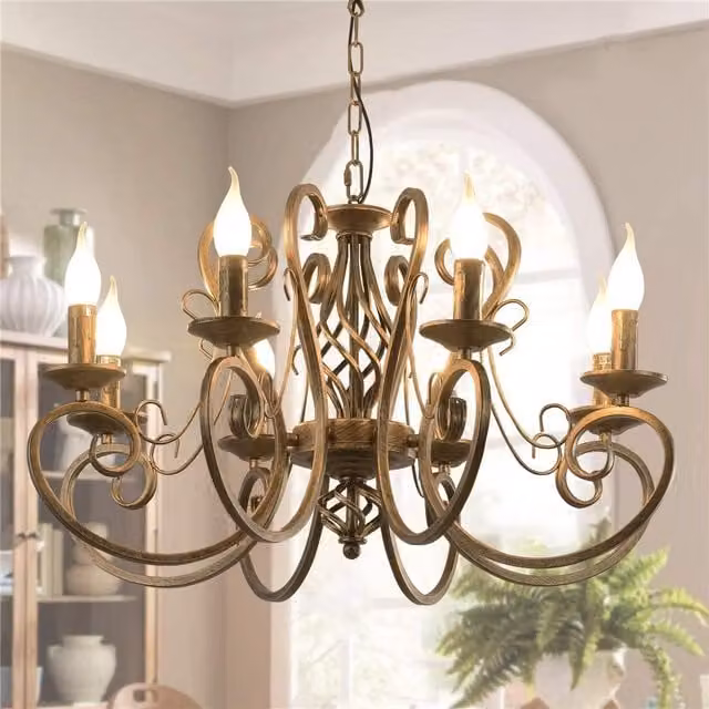 Garwarm 8-Light Vintage Metal Chandelier in Bronze with Adjustable Height and Glass Shades