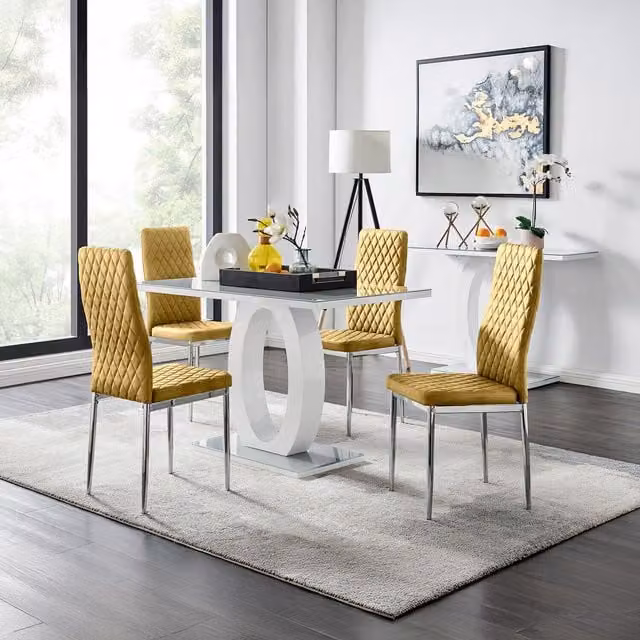 FurnitureboxUK Giovani Grey Glass Dining Table and 4 Mustard Velvet Milan Chairs