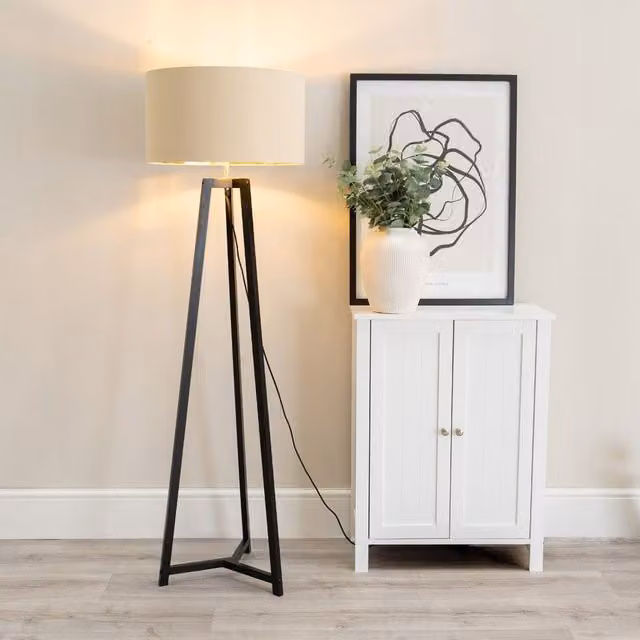 ValueLights Lottie Black Wood Tripod Floor Lamp with Beige and Gold Cylinder Shade