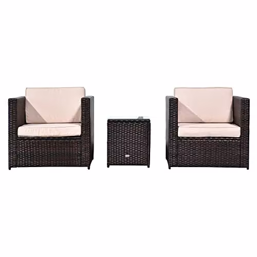 Outsunny 3 Piece Rattan Garden Furniture Set with Upholstered Cushions and Glass Top Coffee Table, Brown – 2