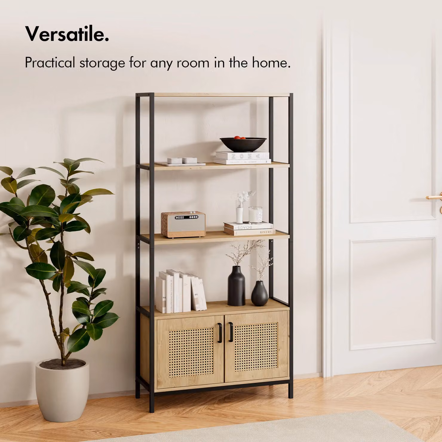 VonHaus Lena Rattan Effect Living Room Storage Bookcase in Brown and Black, H 180 x W 64 x D 35 cm – 3