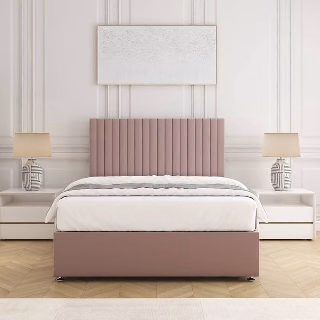 BSSPOKE Brooke King Size Divan Bed Set with 24 inch Plush Velvet Headboard and Mattress in Pink, W/D/H: 180 x 200 cm