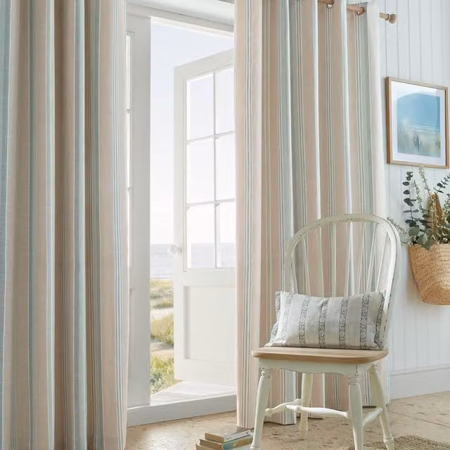 Laura Ashley Wickham Striped Cotton Eyelet Curtains in Sage Green and Sand