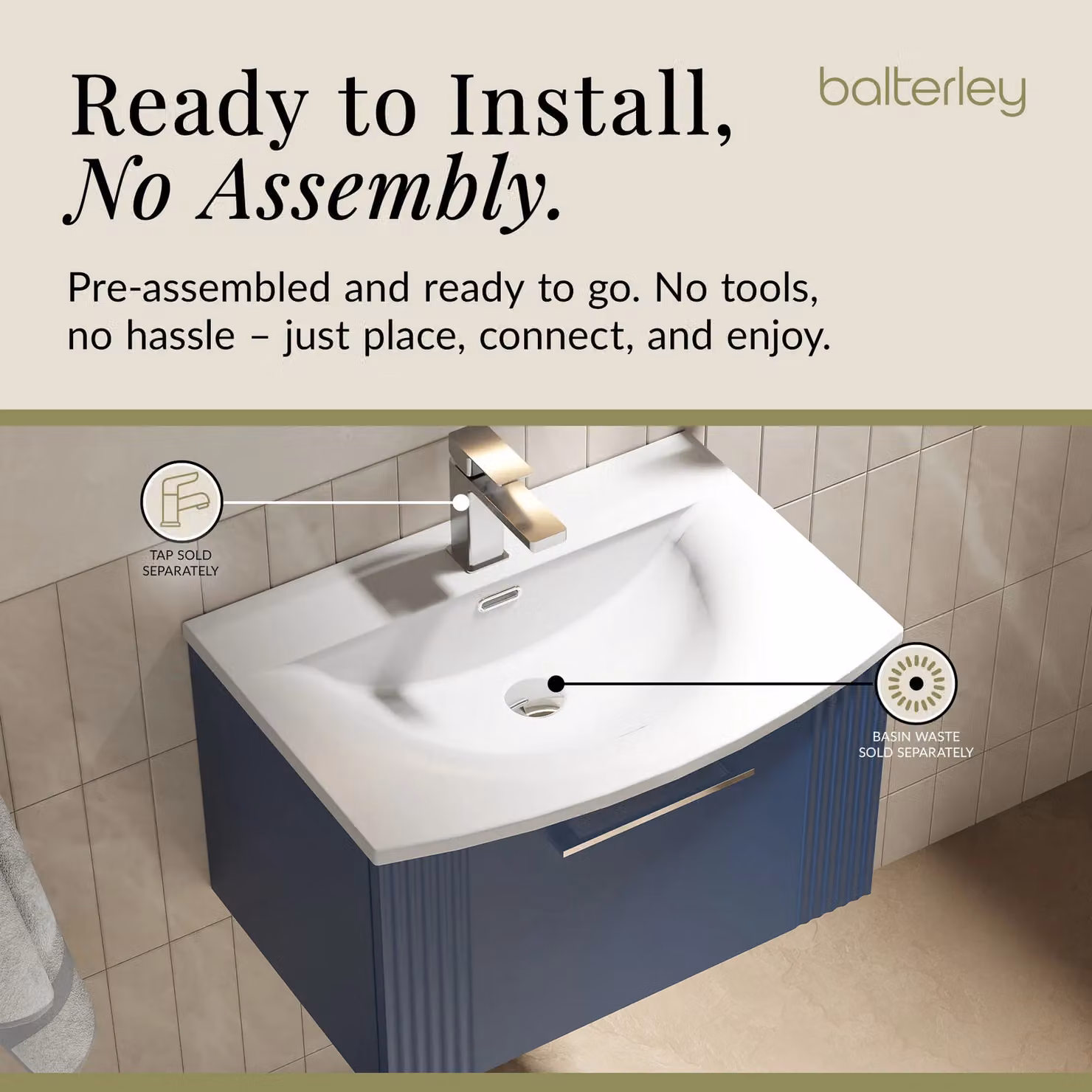 Balterley Wall Hung 1 Drawer Vanity Unit with Curved Ceramic Basin, Satin Blue, Width: 60 cm – 3