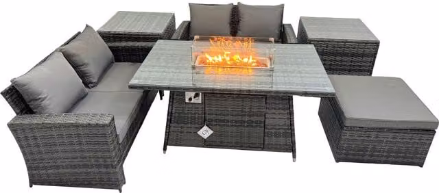 Fimous 5-Seater Outdoor Rattan Sofa Set with Firepit Dining Table and Footstool in Dark Grey