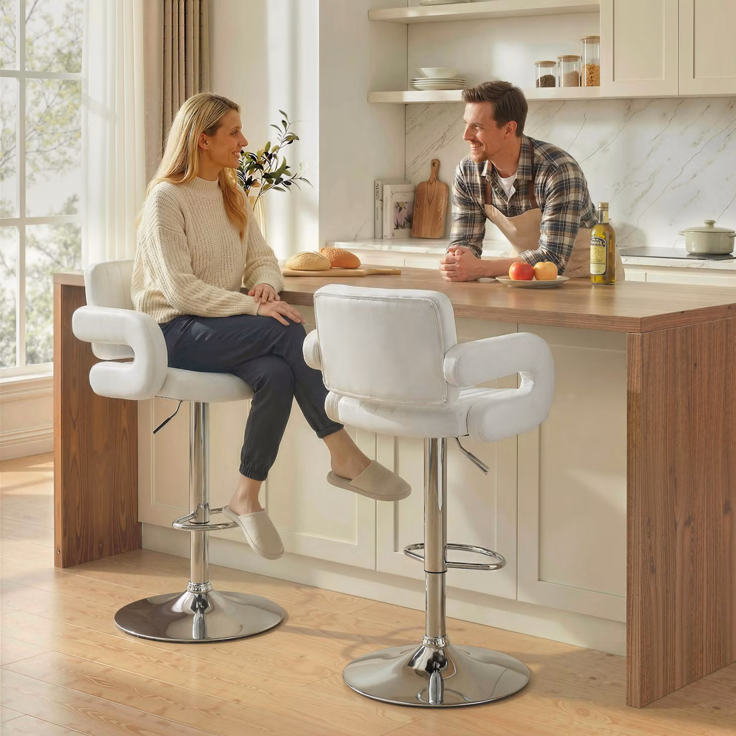 HOMCOM Set of 2 Adjustable Swivel Bar Stools with Armrests and Backrest in White PU Leather – 2