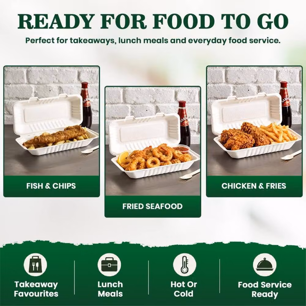 ECONX Biodegradable Bagasse Clamshell Fish and Chips Takeaway Food Containers, White, 200 Pieces – 3