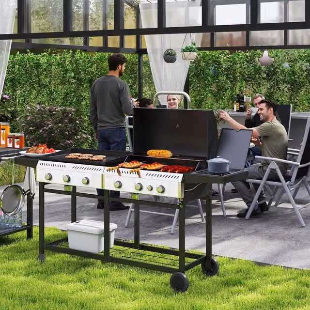 Outsunny 2-in-1 Gas BBQ with Plancha Grill and Side Burner, Black