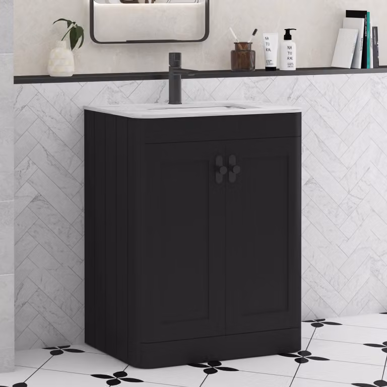 Royal Bathrooms Henley 600mm Matt Nocturne Black Floor Standing 2 Door Vanity Unit with Carrara White Stone Top