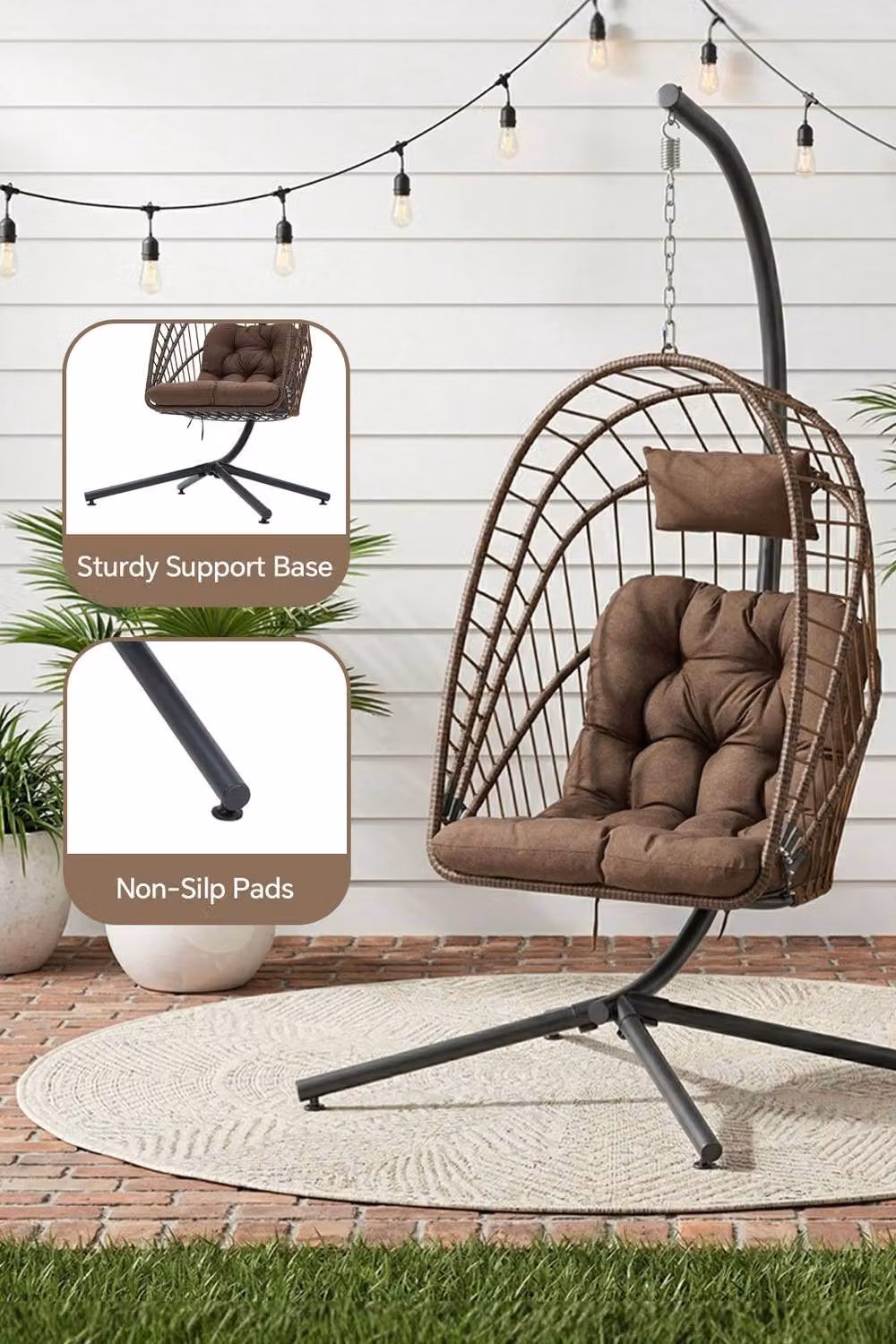 Garden Sanctuary Brown Hanging Egg Chair with Cushion and Headrest – 2