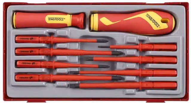 Teng 10 Piece Insulated Interchangeable Blade Screwdriver Set, Red