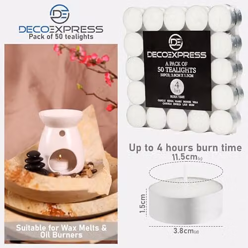 Deco Express Unscented White Tealight Candles, 4 Hour Burn Time, Pack of 50 – 5