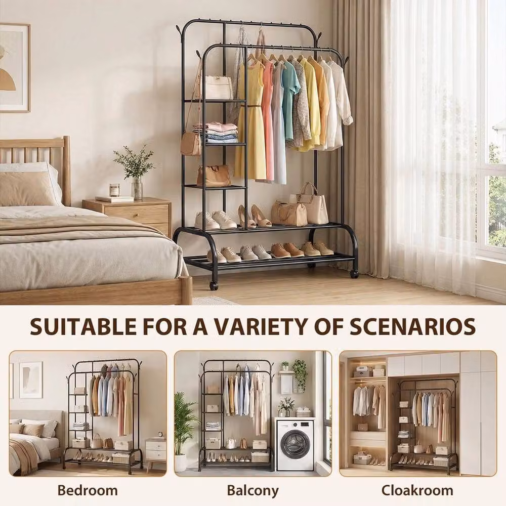 KORVIXA Heavy Duty Double Clothes Rail in Matt Black, W/D/H: 90 x 56 x 160 cm – 3