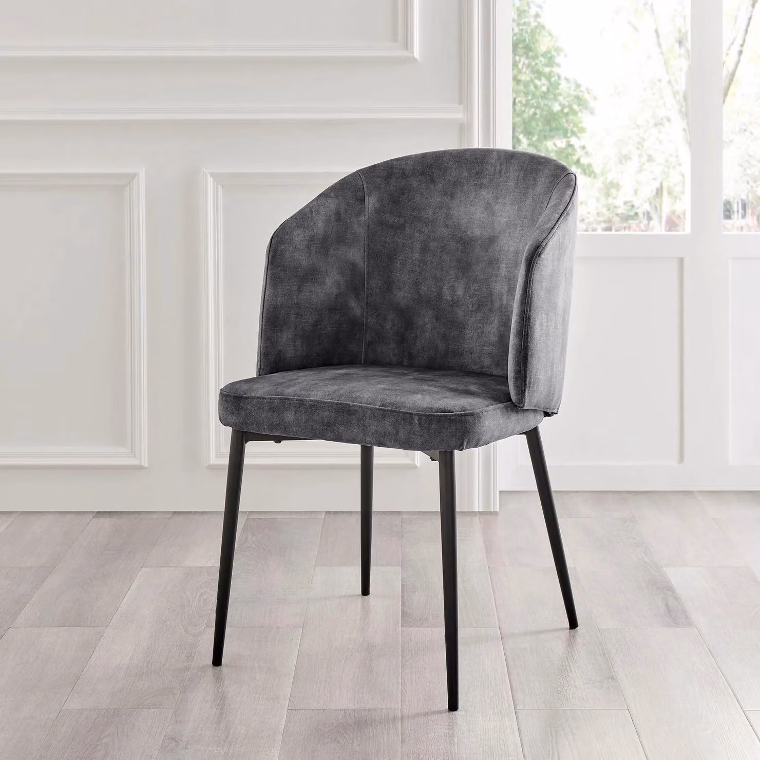 Modish Furnishing Capri Set of 2 Grey Velvet Dining Chairs with Curved Back and Black Metal Legs – 3