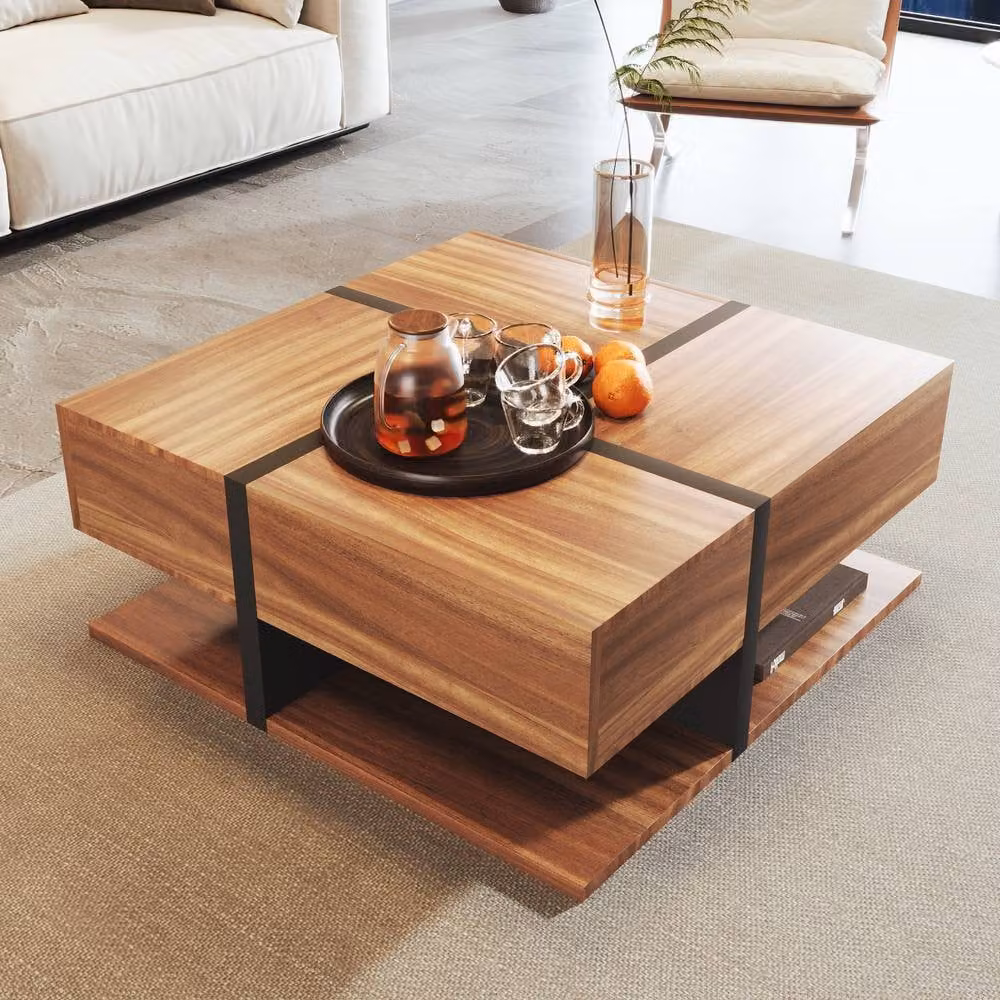 BTM Modern Square Coffee Table with 4 Drawers and Bottom Storage in Brown – 5
