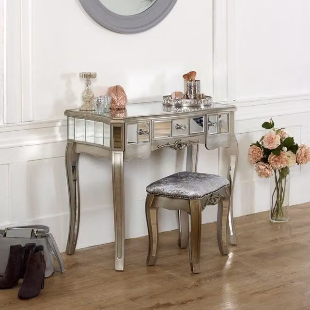 Melody Maison Tiffany Range Mirrored Dressing Table and Stool in Metallic Silver and Grey
