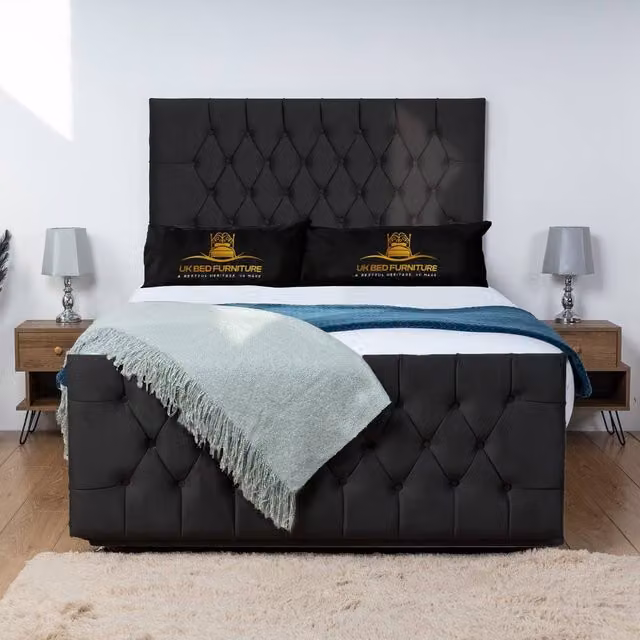 UK Bed Furniture Jublie Divan Bed Base with 26 Inch Headboard in Black, King Size, W/D/H: 180 x 200 cm