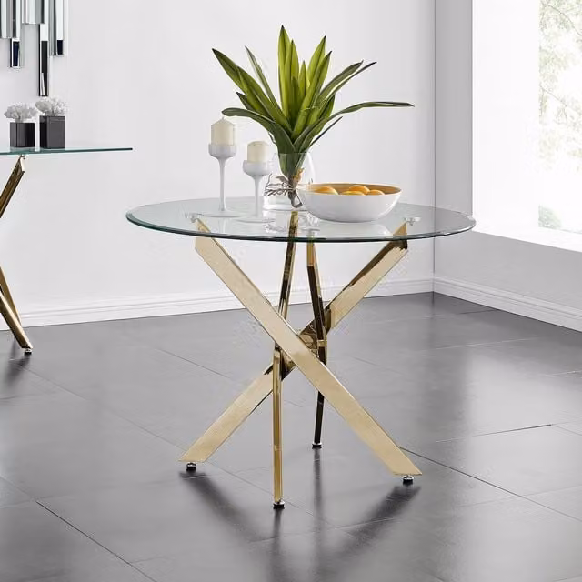 FurnitureboxUK Novara Round Glass and Metal 4-Seater Dining Table in Gold and Black, Diameter: 100 cm