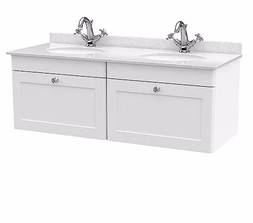 nuie Classique CLC194WR2 Wall Hung Double Marble Top 2 Drawer Unit with Round Basin, Satin White