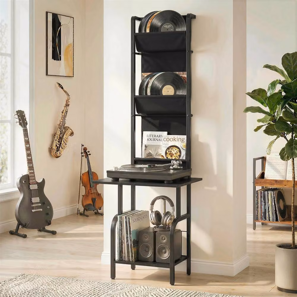 STILVORA Record Player Stand with Vinyl and CD Storage in Black, W/D/H: 144.0 x 50.0 x 48.5 cm – 2