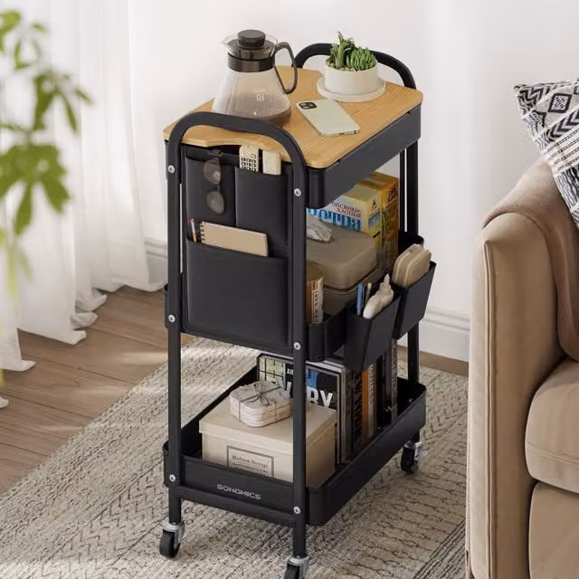 SONGMICS 3-Tier Rolling Utility Storage Trolley with Table Top, Black